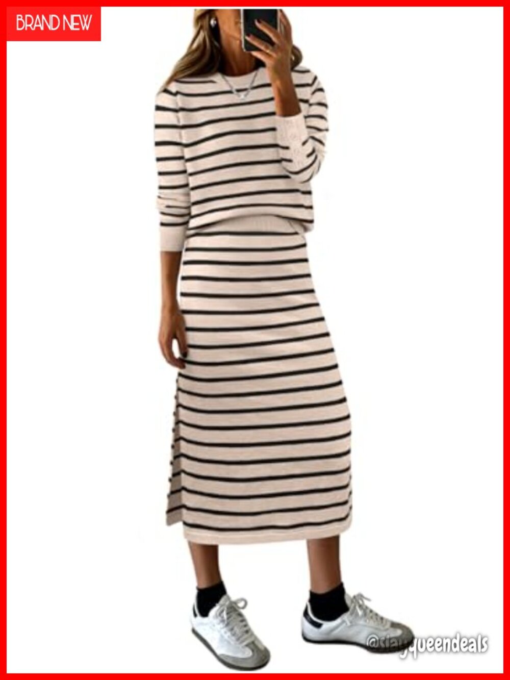 Women 2 Piece Striped Sweater Skirt Set Long Sleeve Midi Split Hem Knit Set